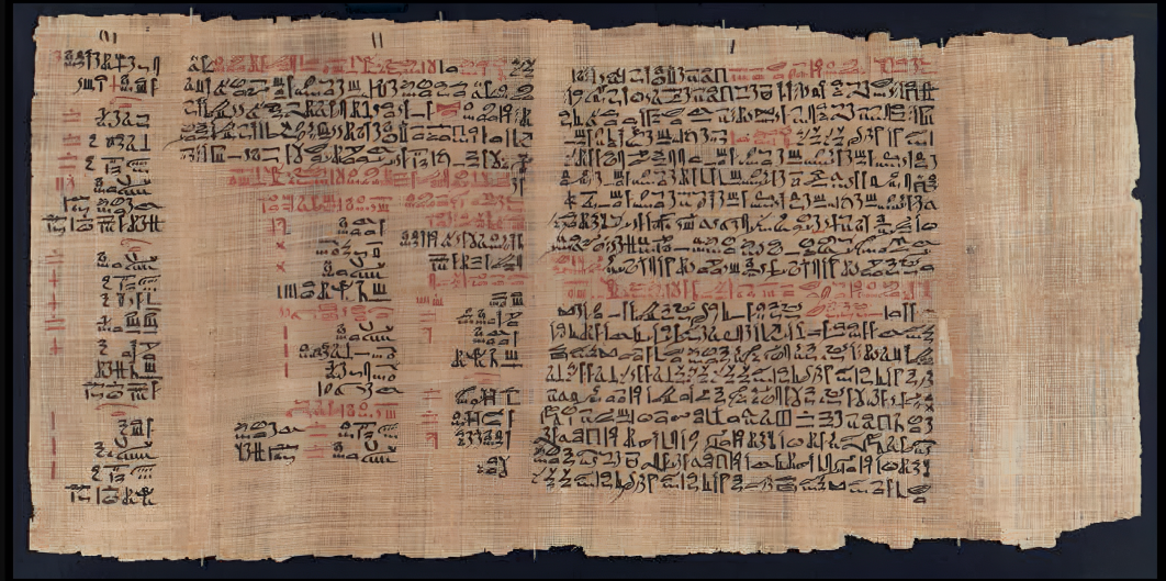 A detailed photograph of an ancient Egyptian papyrus manuscript with hieroglyphic text in black and red ink, featuring multiple columns of inscriptions.