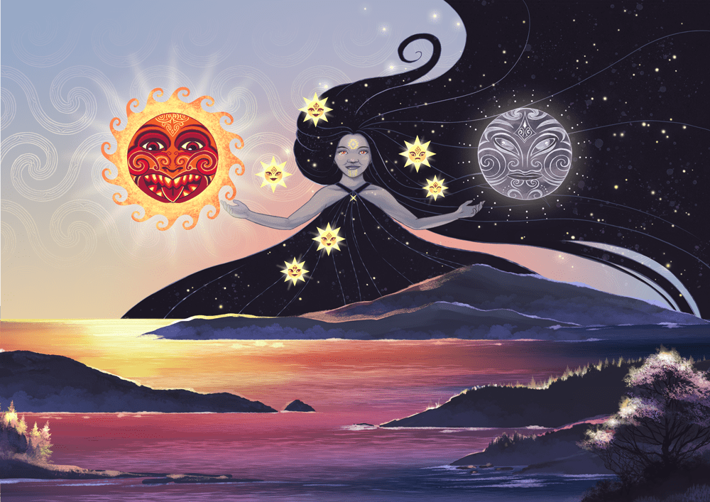 Matariki illustration featuring personified Pleiades flanked by the sun and moon, evoking celestial beauty and cultural significance.