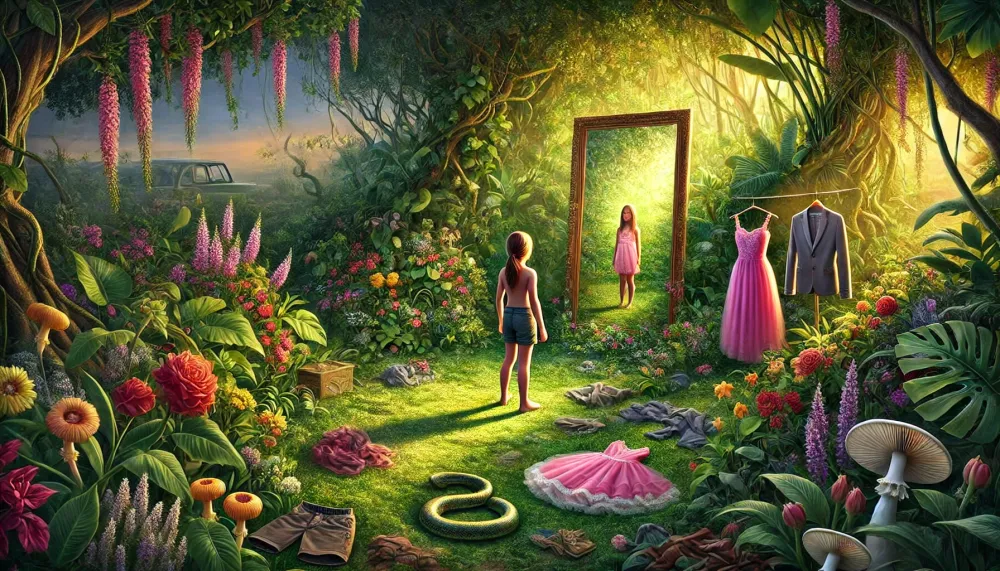 A child stands in a lush Eden-like garden, facing a mirror. Clothing items, both masculine and feminine, surround the child.