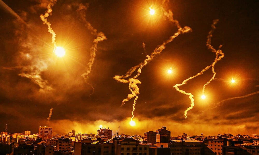 A red and orange sky over Gaza, Palestine, caused by missiles 