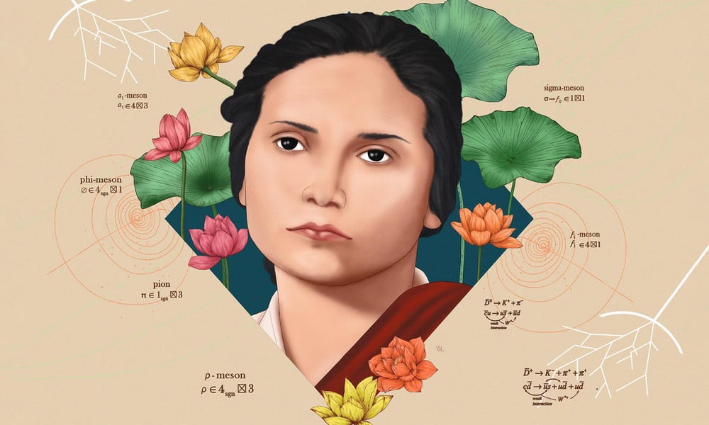 A portrait illustration of Bibha Chowdhuri, surrounded by formulas by Olivia Lim.