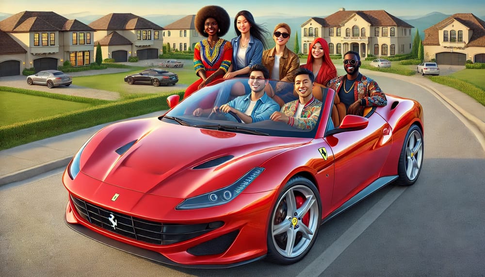 Realistic illustration of four people of color in a red Ferrari Portofino, enjoying the ride in their affluent neighborhood