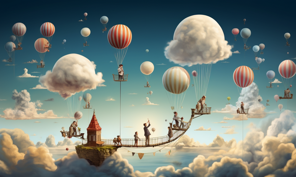 An illustration of people being held up by clouds or balloons.