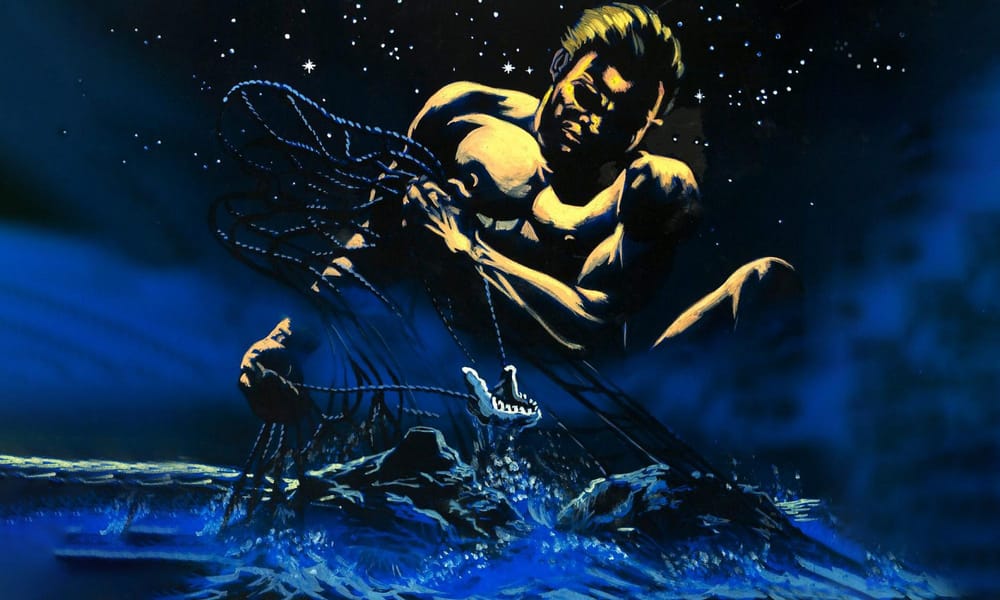 An illustration depicting Māui catching the North Island (Te Ika-a-Māui) of New Zealand. 