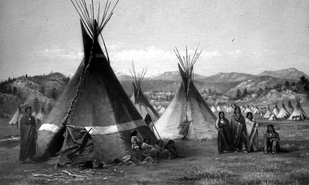 An illustration depicting a Nez Perce village in the Greater Yellowstone area in 1877 by William Henry Jackson.