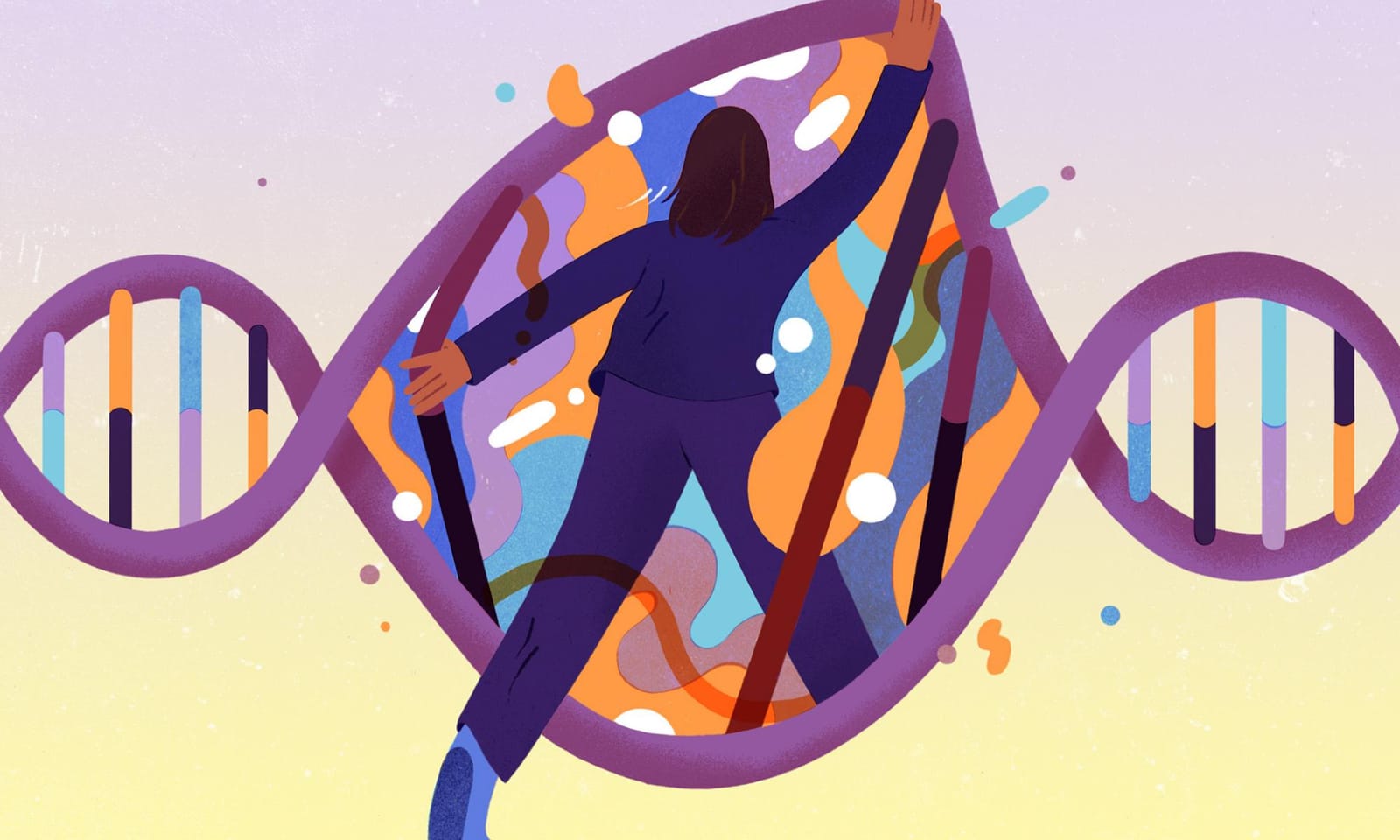 A Colorful vector illustration by Jaime Jacob, showing a girl entering into a DNA structure. 