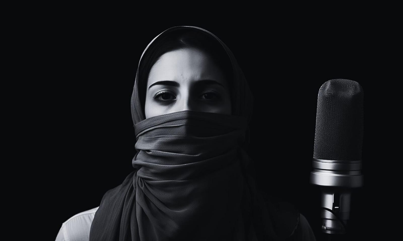 Photo of a Palestinian woman with a microphone on a black background. The woman's hijab is wrapped around her mouth.