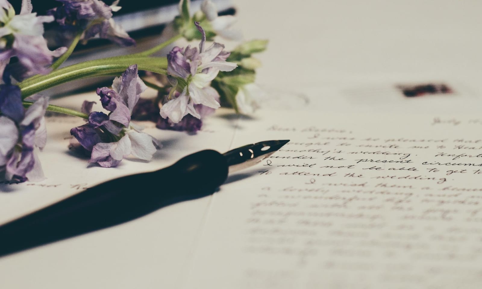  A photo of a fountain pen with violet flowers on the left side. 