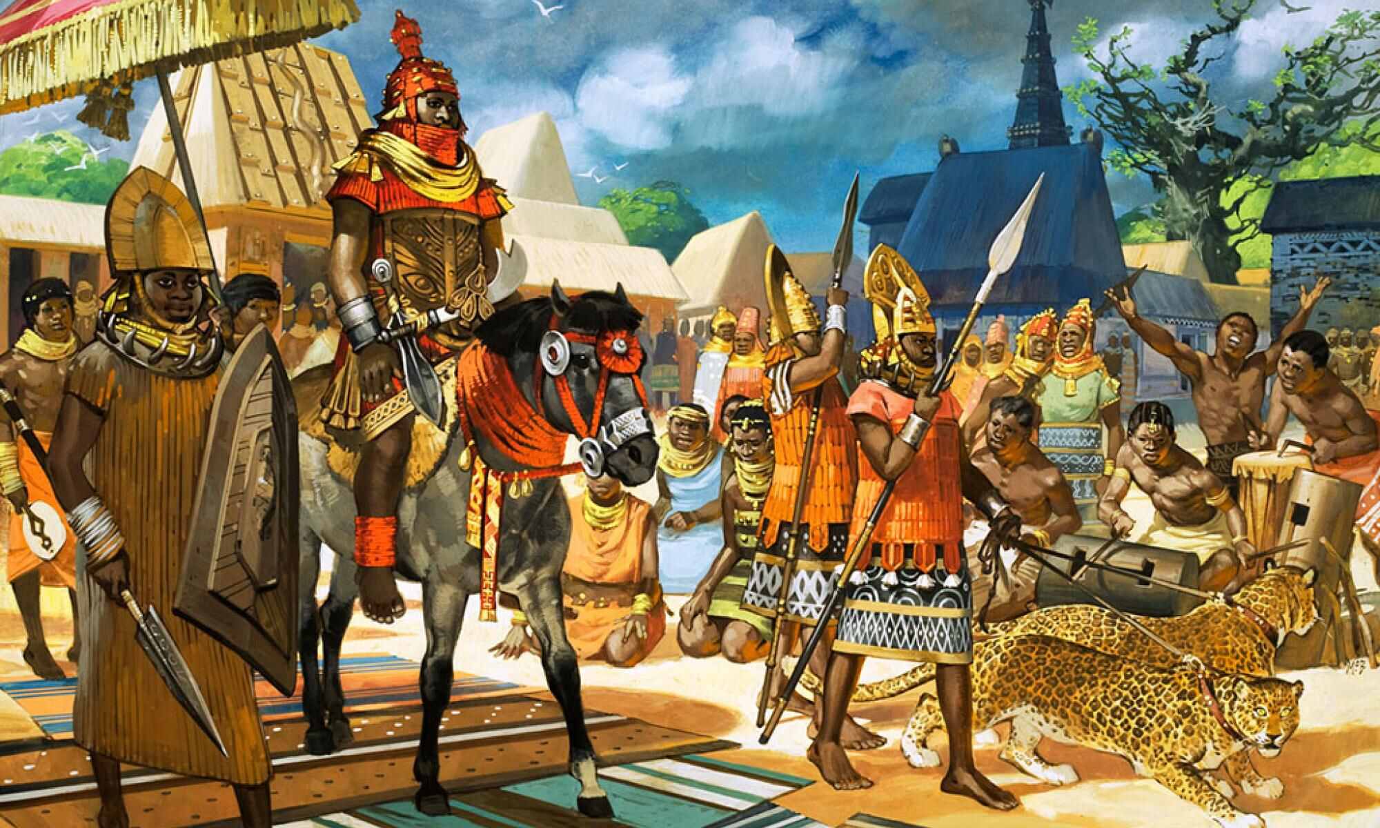 An illustration which shows Beninese happily welcoming a renowned warrior back to the kingdom of Benin. 