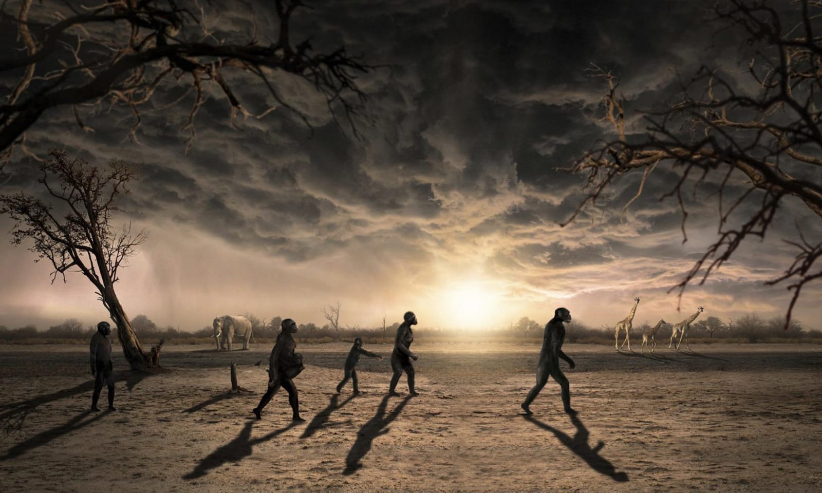 An illustration depicting early humans walking, seemingly to move to another land or continent. 