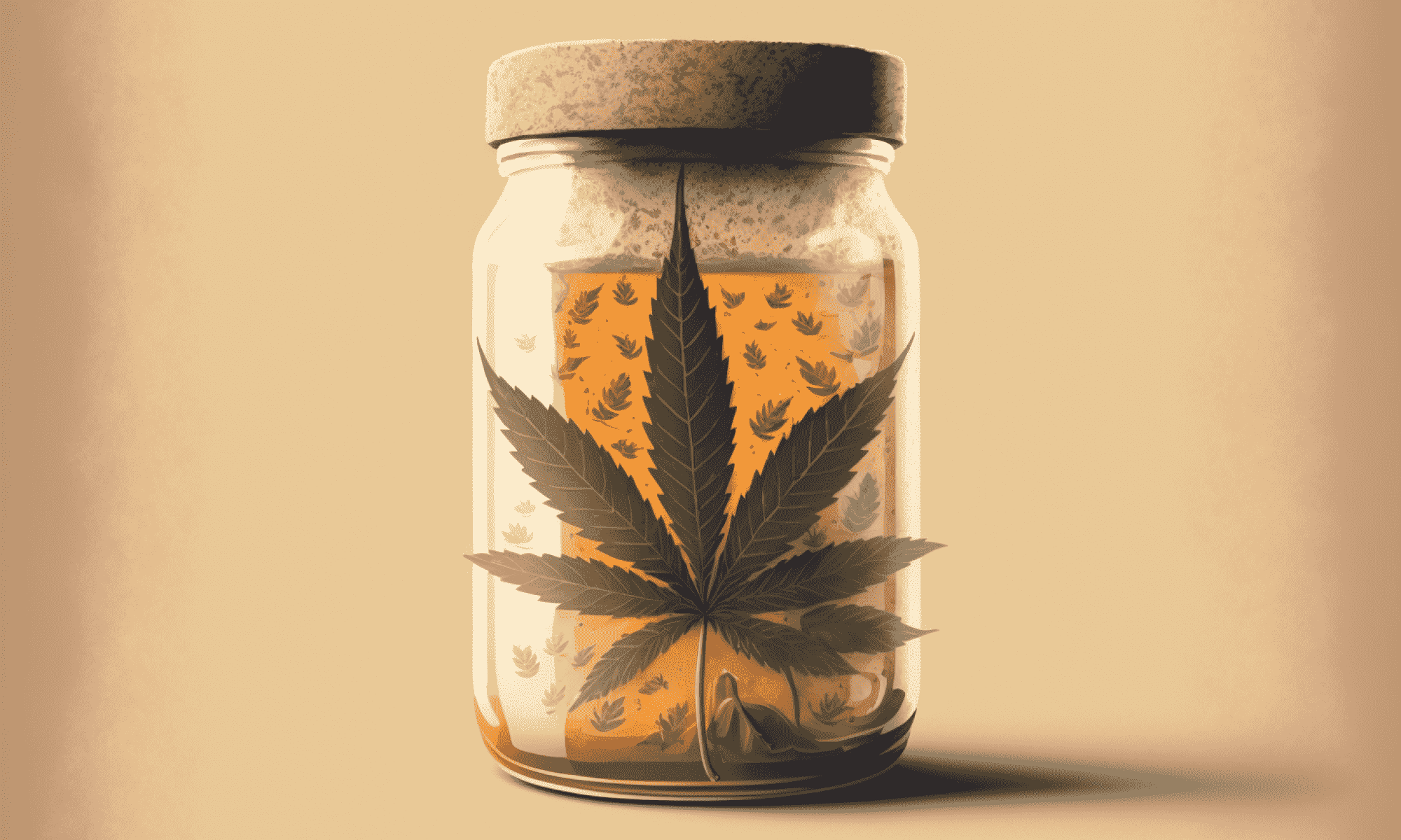 An illustration of a genetically modified cannabis yeast in a glass jar. A large cannabis leaf is in front of it.