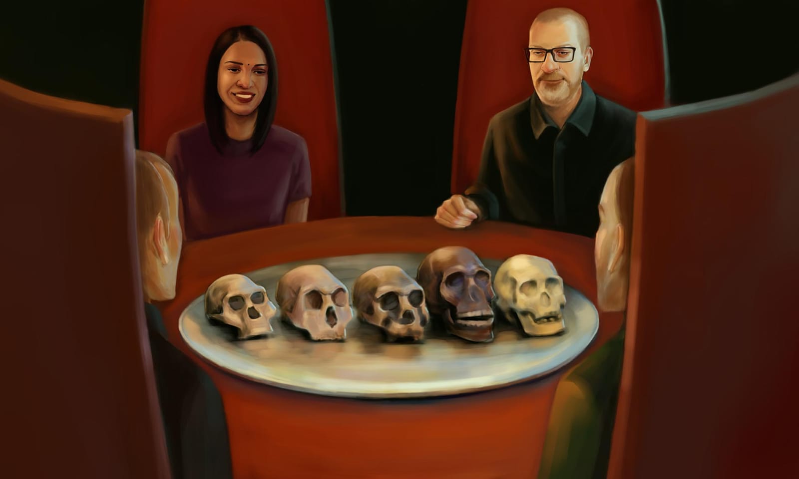 An illustration of a group of experts sitting around a round table with skulls on the table.