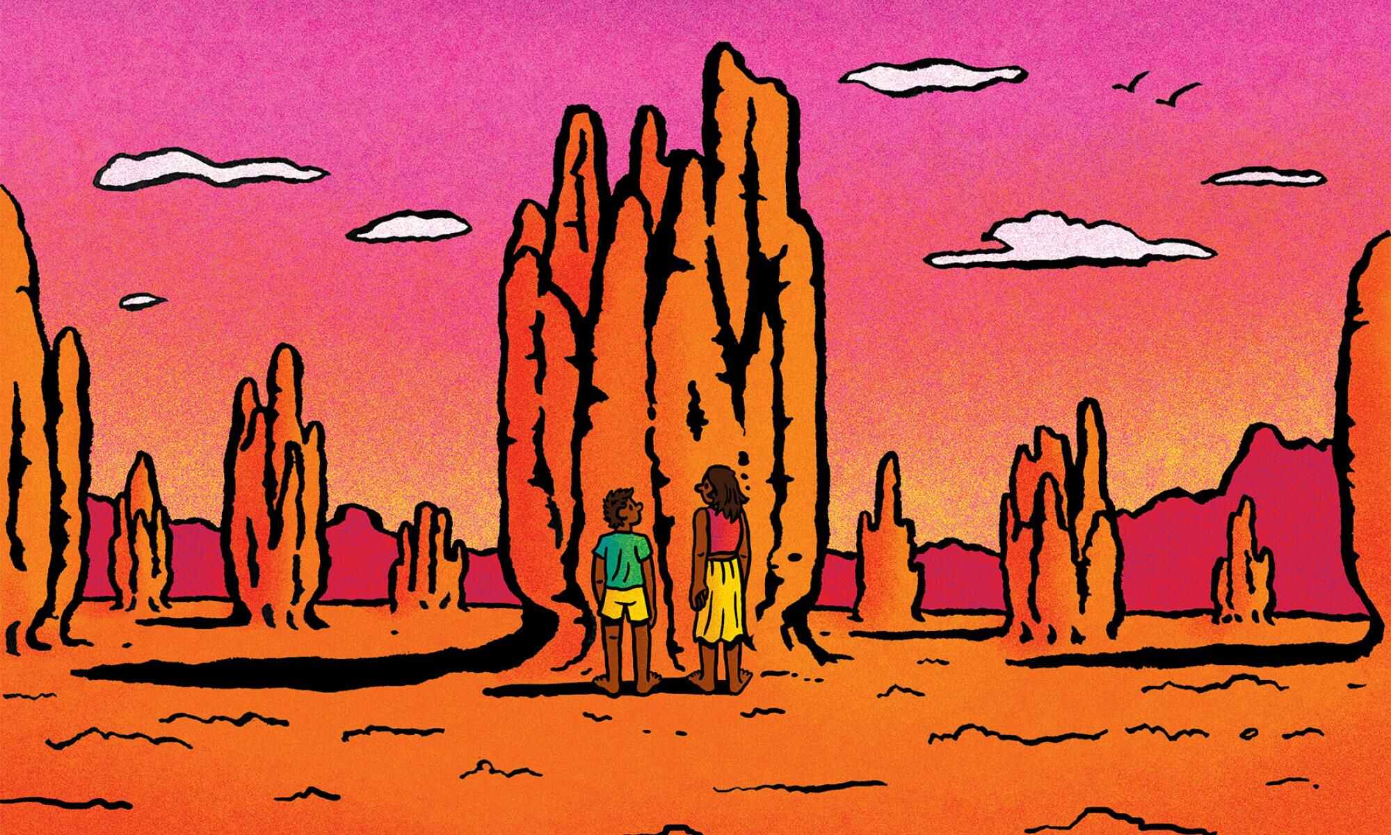 An illustration by Ethan Carroll which shows a boy and a girl standing in front of a huge termite mound.