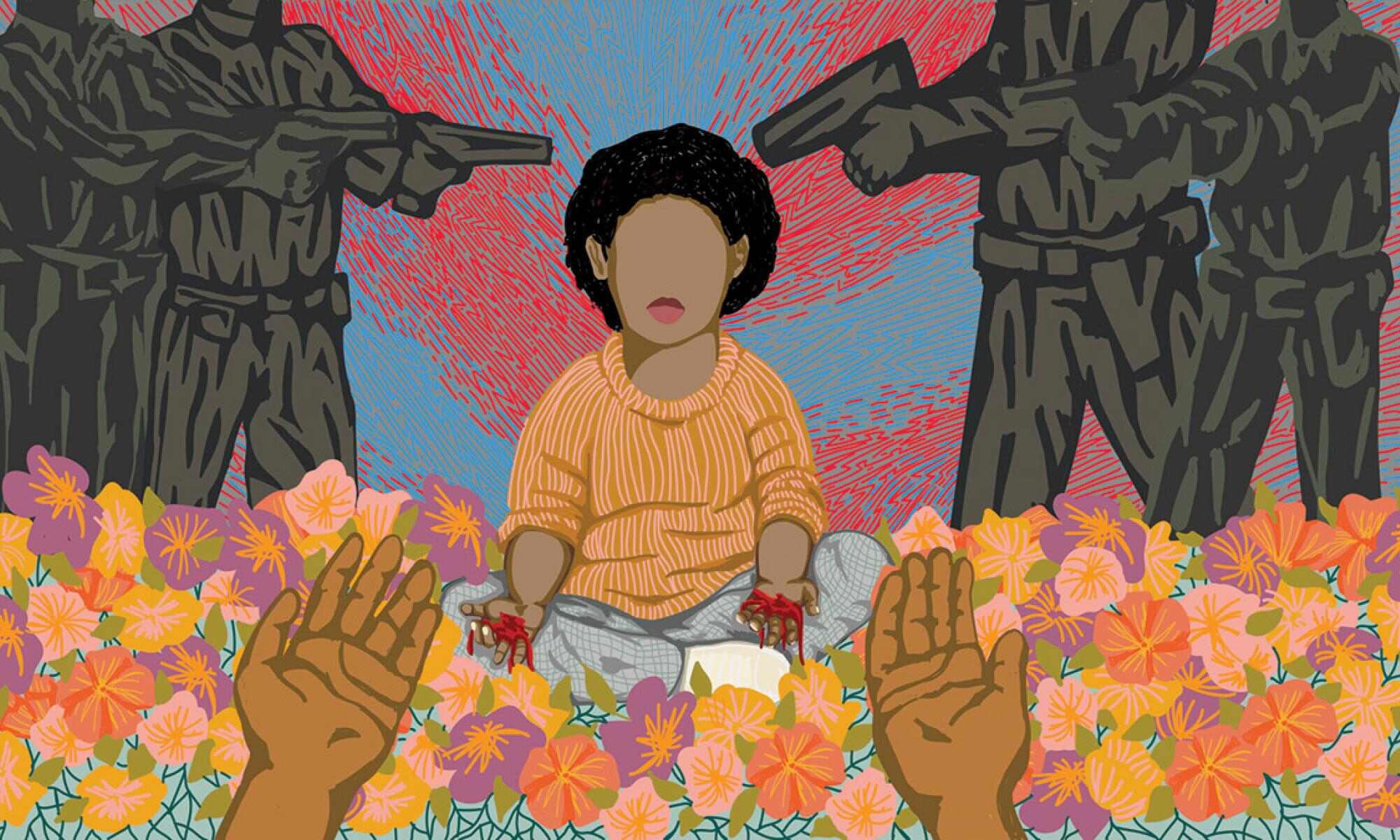 An illustration by Em Barnett, depicting a child sitting in a field of flowers. 